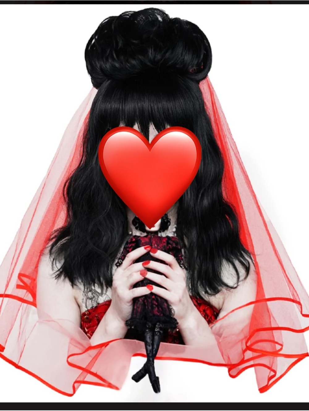 Black Long Wavy Wig with Red Veil with Detachable Bun- Women's Hair Accessory